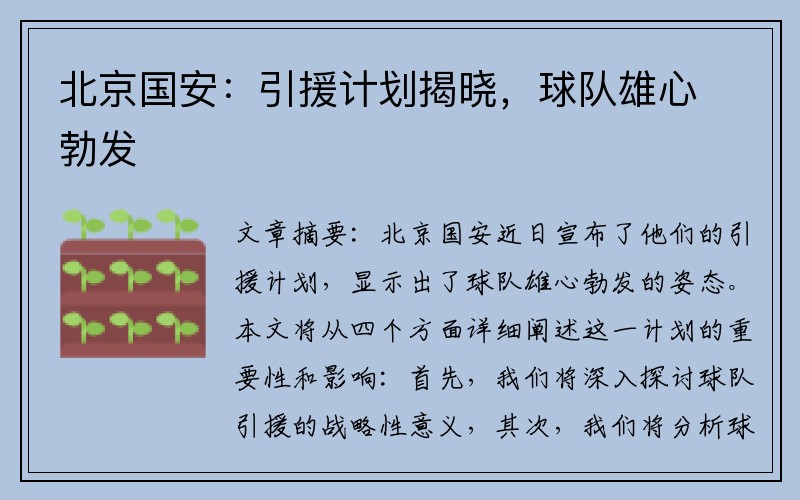 北京国安：引援计划揭晓，球队雄心勃发